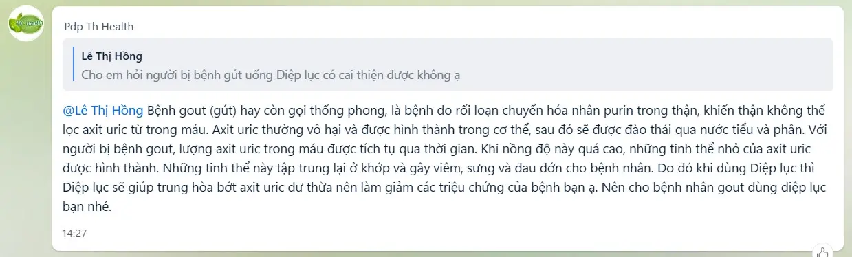 Hỏi đáp, đánh giá Diệp lục TH Health (Chlorophyll UIE PLUS) có tốt không? 15 Người bệnh Gout (Gút) uống Diệp lục có đỡ không