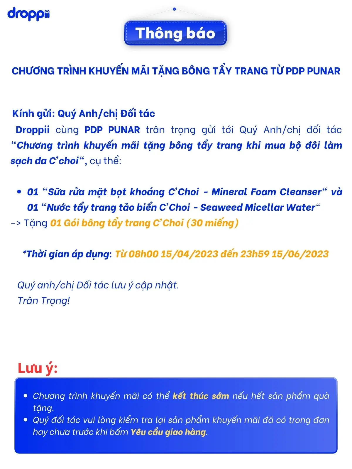 Chương trình khuyến mãi tặng bông tẩy trang từ PDP Punar - Droppii