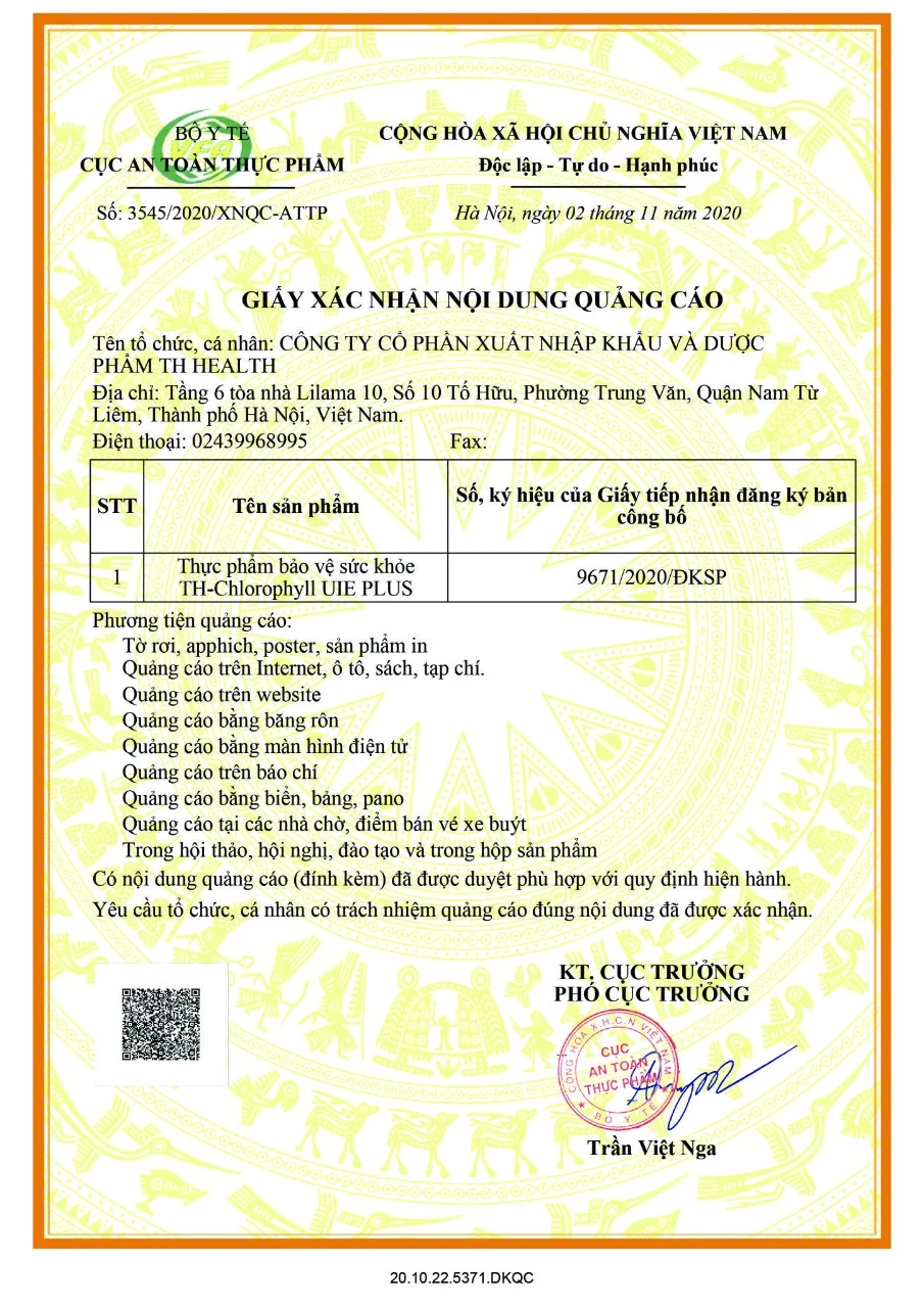 Hỏi đáp, đánh giá Diệp lục TH Health (Chlorophyll UIE PLUS) có tốt không? 27 Giấy xác nhận nội dung quảng cáo Công Ty Cổ Phần Xuất Nhập Khẩu và Dược Phẩm TH Health - Thực phẩm bảo vệ sức khỏe TH-Chlorophyll UIE PLUS