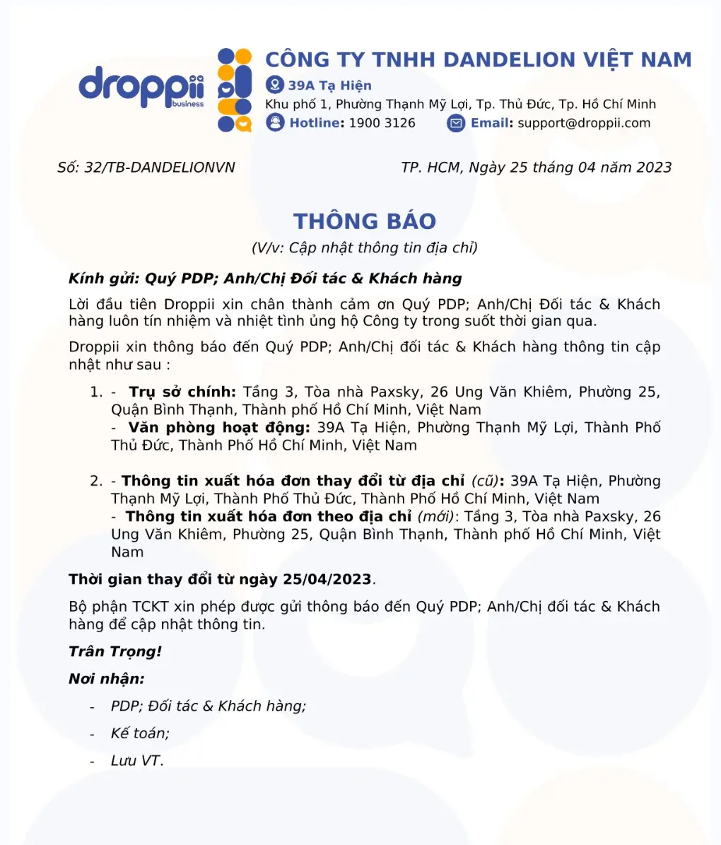 Thông báo đổi địa chỉ trụ sở chính Droppii 3 Thông báo đổi địa chỉ trụ sở chính Droppii - Droppiishops